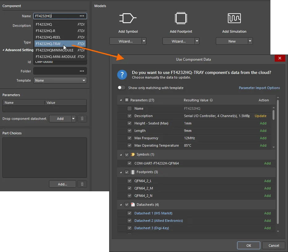 Component data can be acquired from manufacturer part search. An example of accessing the functionality by typing a component name in the Name field and selecting a matching entry from the pop-up list is shown here. Component data can be acquired from manufacturer part search. An example of accessing the functionality by typing a component name in the Name field and selecting a matching entry from the pop-up list is shown here.