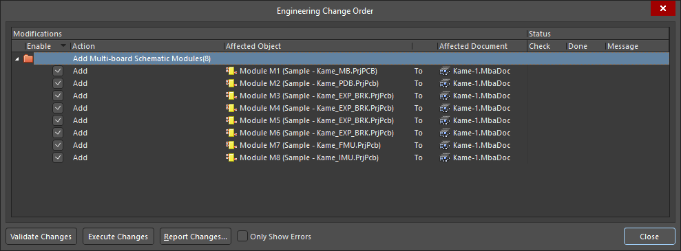 The board from each PCB project is listed as an ECO modification and is loaded into the multi-board Assembly editor when the ECOs are executed. The board from each PCB project is listed as an ECO modification and is loaded into the multi-board Assembly editor when the ECOs are executed.