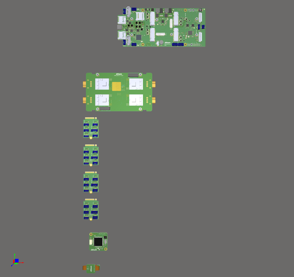 Boards in this multi-board assembly loaded into the multi-board assembly editor design space, ready to be positioned. Boards in this multi-board assembly loaded into the multi-board assembly editor design space, ready to be positioned.